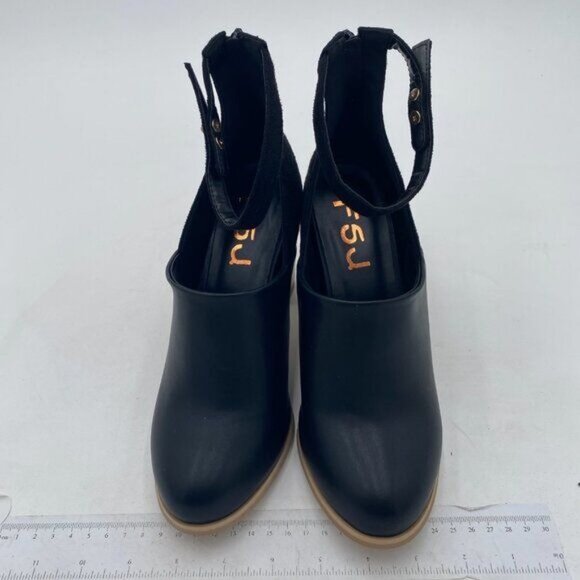 FSJ Black Pointed Toe Pumps Buckle Ankle Strap Chunky Heels Elegant Shoes - Picture 2 of 7